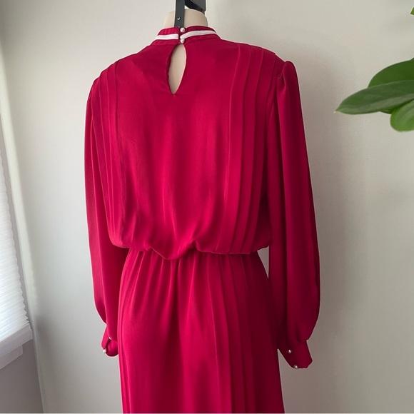 Vintage Joyce Palmer Fuchsia Pink Chiffon Midi Dress Long Sleeve Medium 80s 90s - Picture 3 of 12